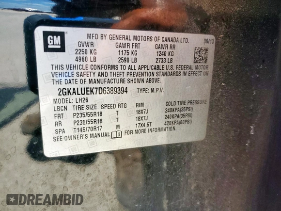 2013 GMC Terrain SLT with VIN 2GKALUEK7D6389394, listed as a Copart auction lot 60327325 with 176,898 mi miles and Clean title. Bid and sale history available at DreamBid. Image 13.