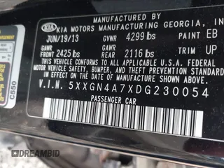 2013 Kia Optima EX with VIN 5XXGN4A7XDG230054, listed as a IAAI auction lot 40856801 with 235,368 mi miles. Bid and sale history available at carsss.com. Image 9.
