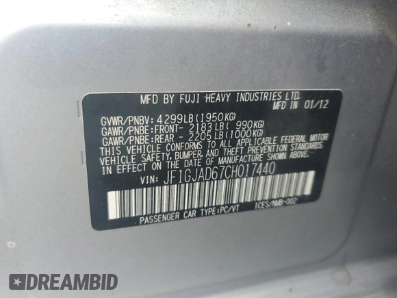 2012 Subaru Impreza Premium с VIN JF1GJAD67CH017440, выставлен на аукционе Copart как лот 61640725 с пробегом 160 020 миль миль и Списание • Salvage title. История ставок и продаж доступна на DreamBid. Изображение 12.