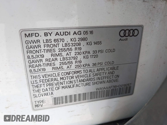 2017 Audi Q7 Premium with VIN WA1AAAF76HD019257, listed as a IAAI auction lot 42292549 with 55,067 mi miles and . Bid and sale history available at DreamBid. Image 9.