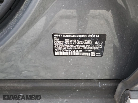2023 BMW X3 xDrive30i with VIN 5UX53DP04P9S68659, listed as a Copart auction lot 54368385 with 26,650 mi miles and Salvage Title. Bid and sale history available at DreamBid. Image 13.