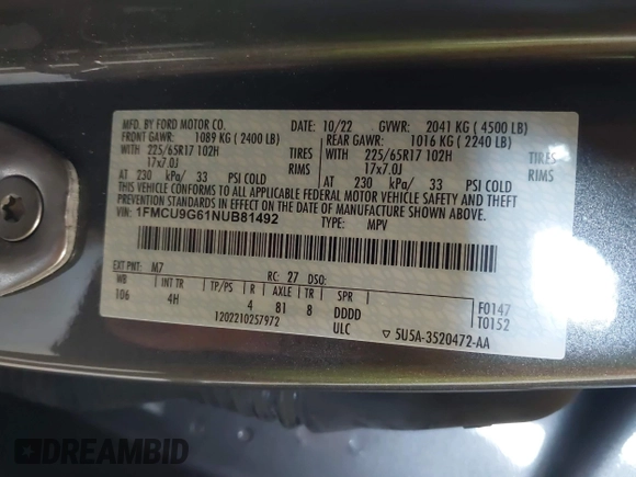 2022 Ford Escape SE with VIN 1FMCU9G61NUB81492, listed as a IAAI auction lot 42556376 with 78,363 mi miles and . Bid and sale history available at DreamBid. Image 9.
