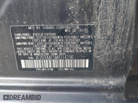 2021 Subaru Crosstrek with VIN JF2GTAAC5M9314296, listed as a IAAI auction lot 42502035 with 40,663 mi miles and . Bid and sale history available at DreamBid. Image 9.