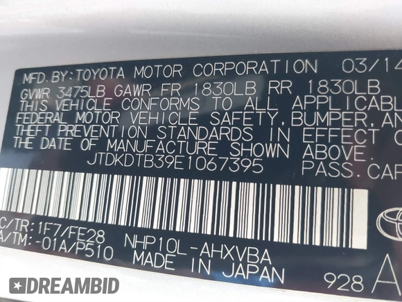 2014 Toyota Prius One with VIN JTDKDTB39E1067395, listed as a IAAI auction lot 41613735 with 207,466 mi miles and . Bid and sale history available at DreamBid. Image 9.