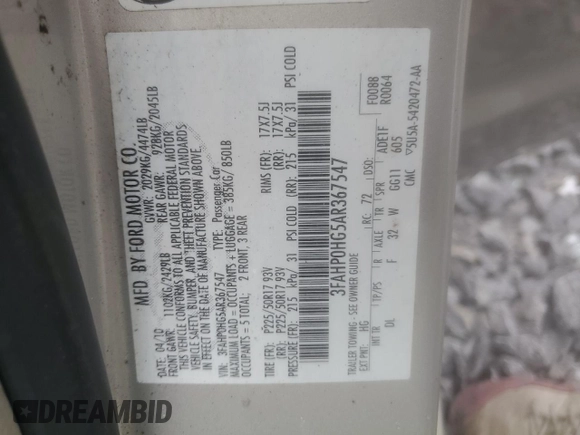 2010 Ford Fusion SE with VIN 3FAHP0HG5AR367547, listed as a Copart auction lot 60896965 with 136,589 mi miles and Salvage title. Bid and sale history available at DreamBid. Image 12.