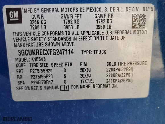2015 Chevrolet Silverado 1500 LT with VIN 3GCUKRECXFG247114, listed as a Copart auction lot 48987495 with 179,820 mi miles and Salvage Title. Bid and sale history available at carsss.com. Image 12.