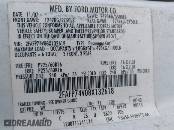 2008 Ford Crown Victoria LX z VIN 2FAFP74V08X132618, wystawiony jako IAAI lot #41436413 z przebiegiem Nie podano mil oraz . Historia ofert i sprzedaży dostępna na DreamBid. Obrazek 9.