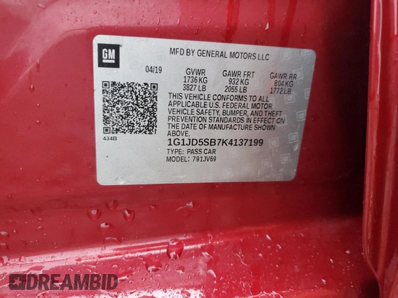 2019 Chevrolet Sonic LT z VIN 1G1JD5SB7K4137199, wystawiony jako Copart lot #51472935 z przebiegiem 25 142 mil mil oraz Szkoda całkowita • Salvage title. Historia ofert i sprzedaży dostępna na DreamBid. Obrazek 12.