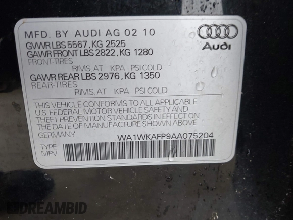 2010 Audi Q5 Prestige with VIN WA1WKAFP9AA075204, listed as a IAAI auction lot 42819760 with 207,039 mi miles and . Bid and sale history available at DreamBid. Image 9.