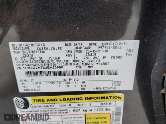 2018 Ford Expedition Limited с VIN 1FMJU2AT6JEA50690, выставлен на аукционе Copart как лот 61333685 с пробегом 93 781 миль миль и Списание • Salvage title. История ставок и продаж доступна на DreamBid. Изображение 13.
