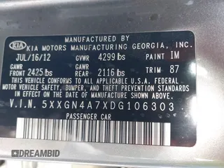 2013 Kia Optima EX with VIN 5XXGN4A7XDG106303, listed as a IAAI auction lot 42209976 with Not provided miles and . Bid and sale history available at DreamBid. Image 9.