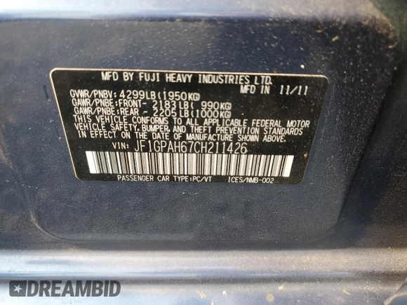 2012 Subaru Impreza Limited with VIN JF1GPAH67CH211426, listed as a Copart auction lot 59566835 with 197,818 mi miles and Clean title. Bid and sale history available at DreamBid. Image 12.