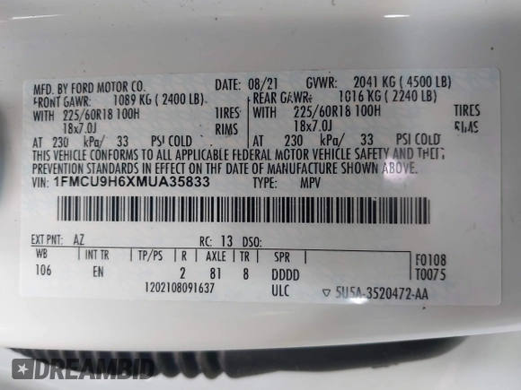 2021 Ford Escape SEL с VIN 1FMCU9H6XMUA35833, выставлен на аукционе IAAI как лот 41624036 с пробегом 25 175 миль миль и . История ставок и продаж доступна на DreamBid. Изображение 9.