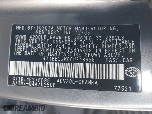 2006 Toyota Camry STD with VIN 4T1BE32K66U718658, listed as a IAAI auction lot 42086473 with 204,314 mi miles. Bid and sale history available at carsss.com. Image 9.