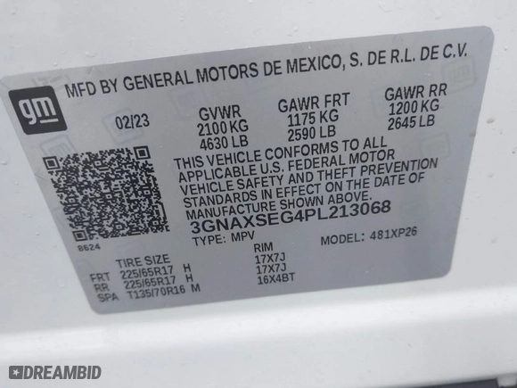 2023 Chevrolet Equinox LS with VIN 3GNAXSEG4PL213068, listed as a IAAI auction lot 41665002 with 14,740 mi miles. Bid and sale history available at carsss.com. Image 9.