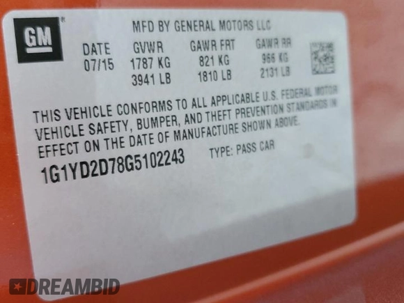 2016 Chevrolet Corvette 2LT with VIN 1G1YD2D78G5102243, listed as a Copart auction lot 76972324 with 0 mi miles and Non Repairable. Bid and sale history available at carsss.com. Image 13.