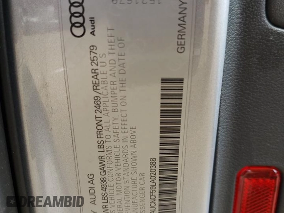 2020 Audi A5 Sportback Premium Plus with VIN WAUCNCF59LA020388, listed as a Copart auction lot 55458853 with 35,331 mi miles. Bid and sale history available at carsss.com. Image 12.