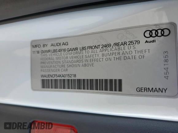 2019 Audi A5 Sportback Premium Plus with VIN WAUENCF54KA015218, listed as a Copart auction lot 63795353 with 33,041 mi miles. Bid and sale history available at carsss.com. Image 12.
