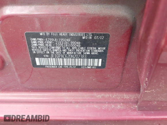 2013 Subaru Impreza Premium z VIN JF1GPAC62DH202383, wystawiony jako IAAI lot #42100880 z przebiegiem 98 309 mil mil oraz . Historia ofert i sprzedaży dostępna na DreamBid. Obrazek 9.