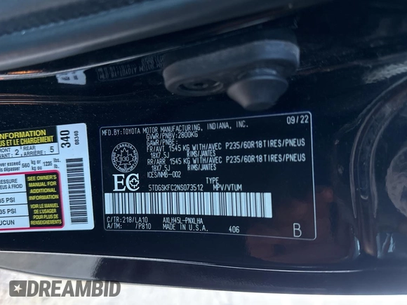 2022 Toyota Sienna XLE with VIN 5TDGSKFC2NS073512, listed as a Copart auction lot 43649765 with 1,681 mi miles and Clean Title. Bid and sale history available at carsss.com. Image 10.