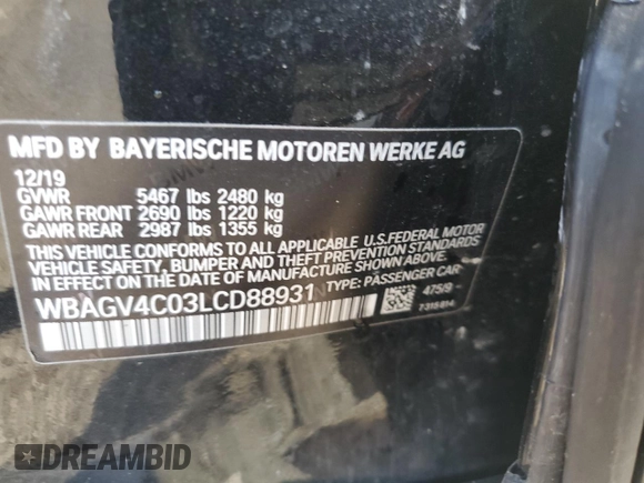 2020 BMW 8 Series 840i with VIN WBAGV4C03LCD88931, listed as a Copart auction lot 77530864 with 41,667 mi miles and Salvage title. Bid and sale history available at DreamBid. Image 13.