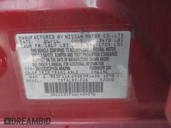 2016 Nissan Note SV with VIN 3N1CE2CP1GL404296, listed as a IAAI auction lot 42088818 with 115,411 mi miles and . Bid and sale history available at DreamBid. Image 9.