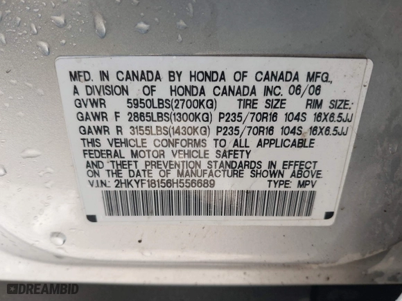 2006 Honda Pilot LX with VIN 2HKYF18156H556689, listed as a IAAI auction lot 40792236 with 273,856 mi miles. Bid and sale history available at carsss.com. Image 9.
