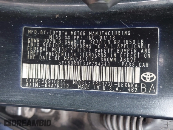 2018 Toyota Corolla L with VIN 5YFBURHE3JP794243, listed as a IAAI auction lot 42281880 with 41,659 mi miles and . Bid and sale history available at DreamBid. Image 9.