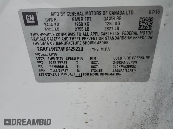2015 GMC Terrain SLE with VIN 2GKFLWE34F6429220, listed as a Copart auction lot 44924715 with Not Provided miles and Salvage Title. Bid and sale history available at DreamBid. Image 14.