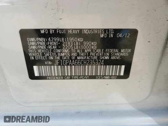 2012 Subaru Impreza 2.0i z VIN JF1GPAA66CH235324, wystawiony jako Copart lot #54070335 z przebiegiem 192 447 mil mil oraz Szkoda całkowita • Salvage title. Historia ofert i sprzedaży dostępna na DreamBid. Obrazek 12.