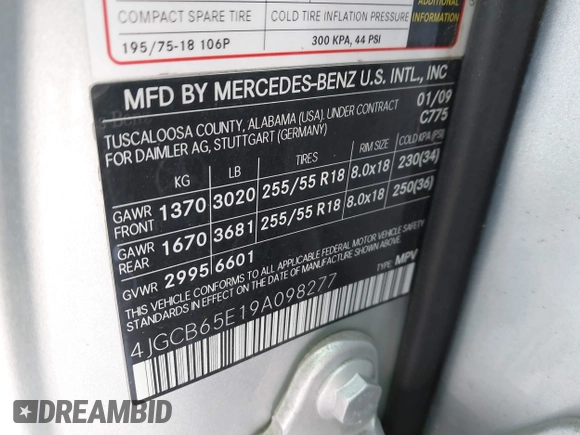 2009 Mercedes-Benz R 3.5L with VIN 4JGCB65E19A098277, listed as a IAAI auction lot 41866337 with 148,573 mi miles and . Bid and sale history available at DreamBid. Image 9.