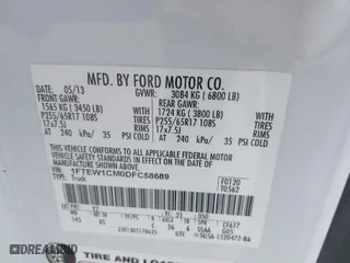 2013 Ford F-150 XL with VIN 1FTEW1CM0DFC58689, listed as a IAAI auction lot 41413919 with 150,555 mi miles. Bid and sale history available at carsss.com. Image 9.