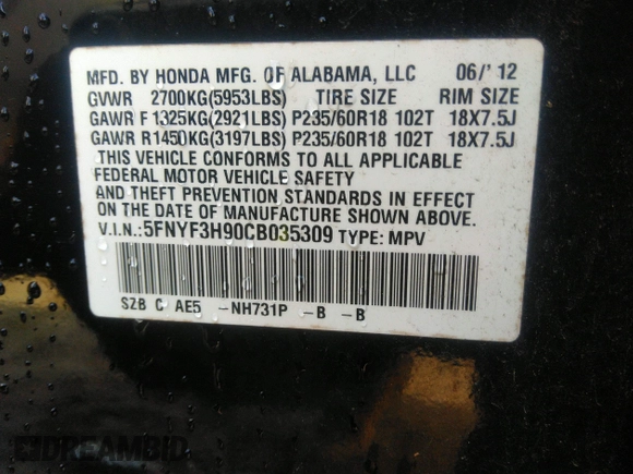 2012 Honda Pilot Touring with VIN 5FNYF3H90CB035309, listed as a IAAI auction lot 41063215 with 228,081 mi miles and . Bid and sale history available at carsss.com. Image 9.