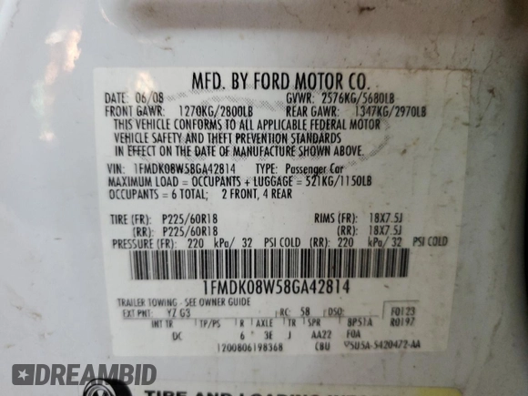 2008 Ford Taurus X Eddie Bauer с VIN 1FMDK08W58GA42814, выставлен на аукционе Copart как лот 76952924 с пробегом 227 121 миль миль и Чистый • Clean title. История ставок и продаж доступна на DreamBid. Изображение 14.