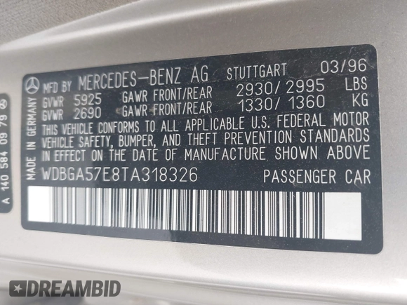 1996 Mercedes-Benz S with VIN WDBGA57E8TA318326, listed as a IAAI auction lot 42072979 with 97,504 mi miles and . Bid and sale history available at DreamBid. Image 9.