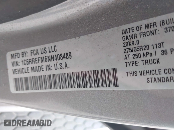 2022 Ram 1500 Lone Star with VIN 1C6RREFM6NN408489, listed as a IAAI auction lot 40797821 with Not provided miles and . Bid and sale history available at DreamBid. Image 9.