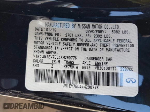2019 Infiniti Q60 Luxe with VIN JN1EV7EL4KM290776, listed as a IAAI auction lot 42047865 with 33,926 mi miles and . Bid and sale history available at carsss.com. Image 9.