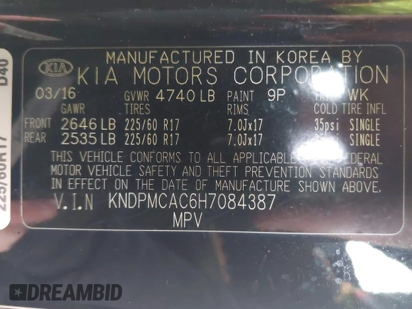 2017 Kia Sportage LX with VIN KNDPMCAC6H7084387, listed as a IAAI auction lot 41860593 with 67,372 mi miles and . Bid and sale history available at carsss.com. Image 9.