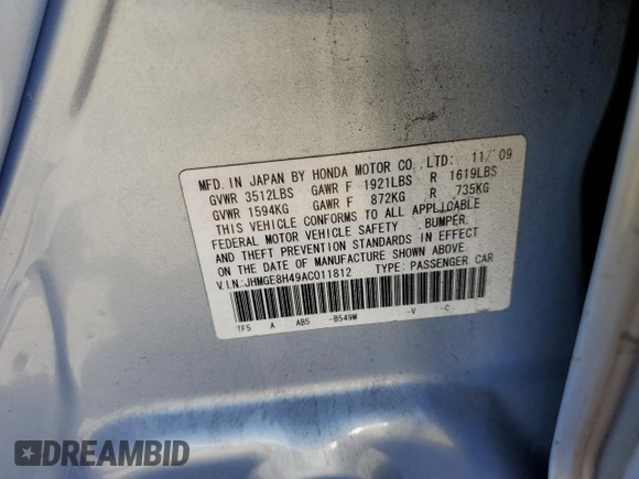 2010 Honda Fit Sport with VIN JHMGE8H49AC011812, listed as a Copart auction lot 60341615 with 187,428 mi miles and Salvage title. Bid and sale history available at DreamBid. Image 12.
