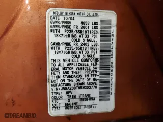 2005 Nissan Murano SL with VIN JN8AZ08T95W303778, listed as a Copart auction lot 44348995 with 0 mi miles and Salvage Title. Bid and sale history available at carsss.com. Image 13.