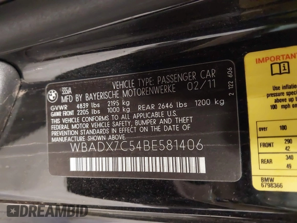 2011 BMW 3 Series 335i with VIN WBADX7C54BE581406, listed as a IAAI auction lot 41263284 with 173,285 mi miles and . Bid and sale history available at DreamBid. Image 9.