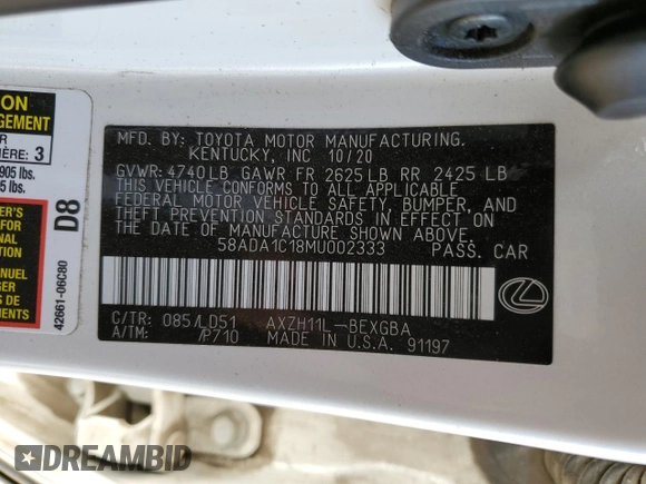 2021 Lexus ES with VIN 58ADA1C18MU002333, listed as a Copart auction lot 89188855 with 88,899 mi miles and Salvage Title. Bid and sale history available at carsss.com. Image 14.