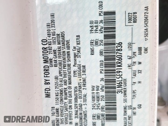 2019 Lincoln MKZ Reserve II с VIN 3LN6L5E91KR607836, выставлен на аукционе Copart как лот 60242425 с пробегом 81 739 миль миль и Списание • Salvage title. История ставок и продаж доступна на DreamBid. Изображение 12.