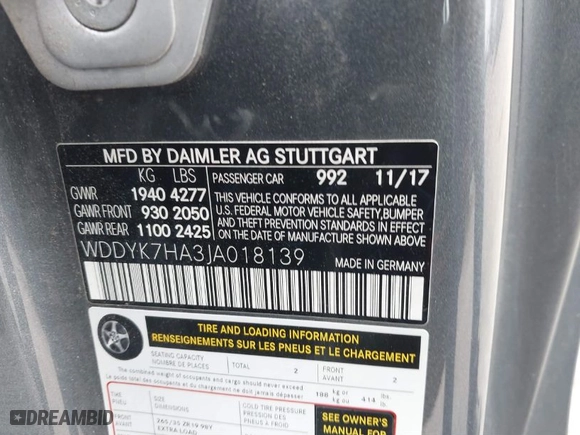 2018 Mercedes-Benz AMG GT with VIN WDDYK7HA3JA018139, listed as a IAAI auction lot 41237934 with 28,901 mi miles. Bid and sale history available at carsss.com. Image 9.