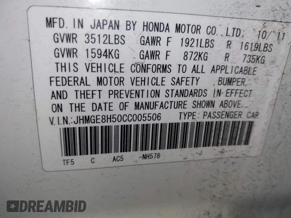 2012 Honda Fit Sport with VIN JHMGE8H50CC005506, listed as a IAAI auction lot 42017441 with 96,552 mi miles and . Bid and sale history available at DreamBid. Image 9.