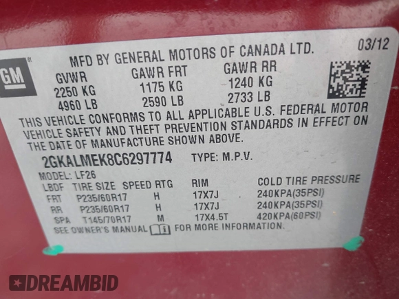 2012 GMC Terrain SLE-1 with VIN 2GKALMEK8C6297774, listed as a IAAI auction lot 42321346 with 152,092 mi miles and . Bid and sale history available at DreamBid. Image 9.