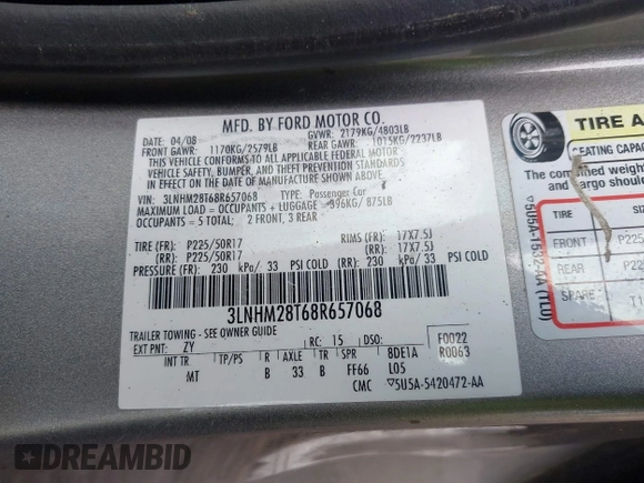 2008 Lincoln MKZ with VIN 3LNHM28T68R657068, listed as a IAAI auction lot 41431401 with 128,940 mi miles. Bid and sale history available at carsss.com. Image 9.