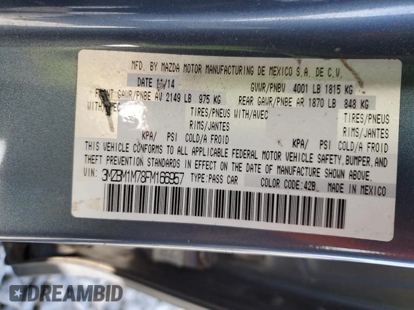2015 Mazda 3 i Grand Touring with VIN 3MZBM1M78FM166957, listed as a Copart auction lot 53965995 with 117,782 mi miles and Salvage Title. Bid and sale history available at DreamBid. Image 12.