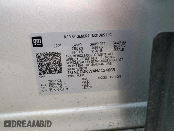 2022 Chevrolet Traverse RS with VIN 1GNERJKW4NJ124865, listed as a Copart auction lot 89060145 with 51,651 mi miles and Salvage title. Bid and sale history available at DreamBid. Image 13.