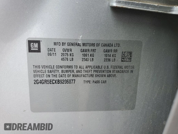 2011 Buick Regal CXL RL3 with VIN 2G4GR5ECXB9206077, listed as a Copart auction lot 42792015 with 44,439 mi miles and Salvage Title. Bid and sale history available at carsss.com. Image 12.